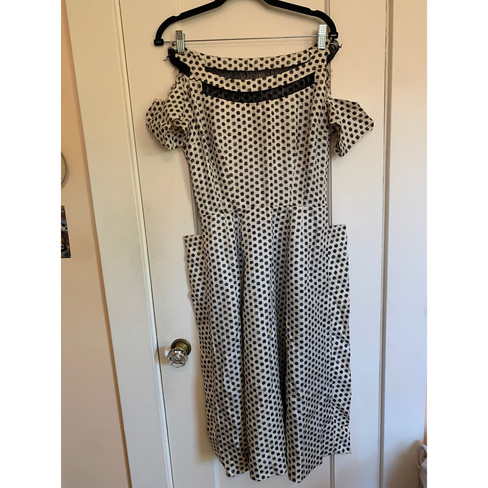 Anna Miller Vintage 50s Polka Dot Cold Shoulder Dress White Black Fringe Trim